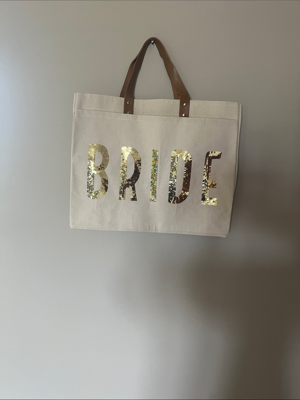 Mud Pie Cream Tote with Gold Sequin BRIDE Lettering and Tan Handles